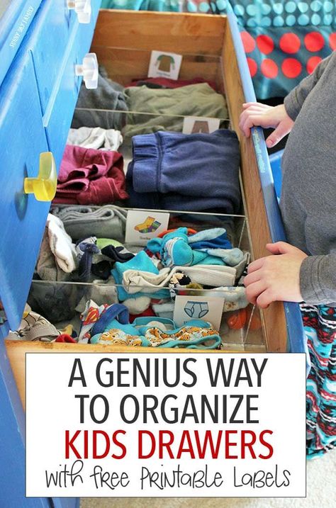 Organize your dresser with this genius solution and teach kids how to put their clothes away too! This is the perfect tool for keeping kids clothes organized and for teaching them to help with laundry - maximize your space and minimize your stress. Includes free printable kids clothes labels too! (sponsored) Organized Dresser, Kids Clothes Storage, Kids Clothes Organization, Search Pinterest, Kids Dresser, Drawer Labels, Clear Bins, Dresser Organization, Kids Dressers