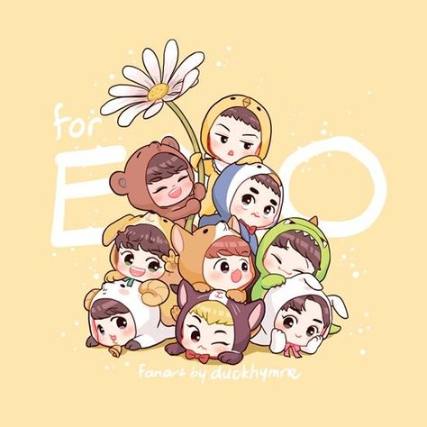 Exo cr.@duckhumne Exo Drawing, Exo Cartoon, Exo Chibi Fanart, Exo Anime, Exo Stickers, Exo Background, Exo 12, Exo Chibi, Exo Art