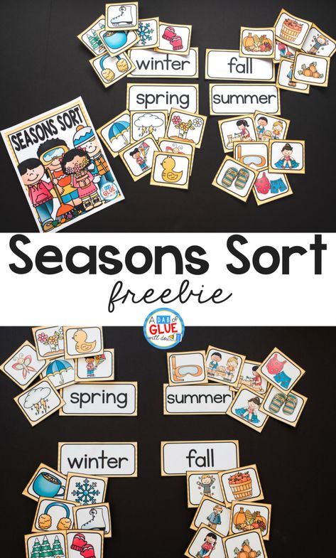 Weather Circle Time Activities, Four Seasons Sorting Activity, Seasons Math Activities Preschool, Weather Sorting Activity, Seasons Year 1, A Dab Of Glue Will Do Freebies, Seasons Sorting Activity Free Printable, Seasons Printables Free, Summer Season Craft