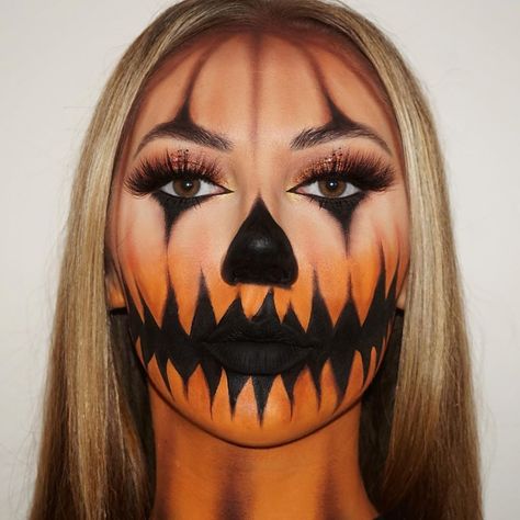 Pumpkin Faces Makeup Ideas, Pumpkin Face Makeup Men, Scary Pumpkin Halloween Makeup, Scary Pumpkin Face Makeup, Jack O Lantern Makeup Pretty, Black And Orange Halloween Makeup, Pumpkin Face Paint Women, Halloween Pumpkin Makeup Looks, Cute Fun Halloween Costumes