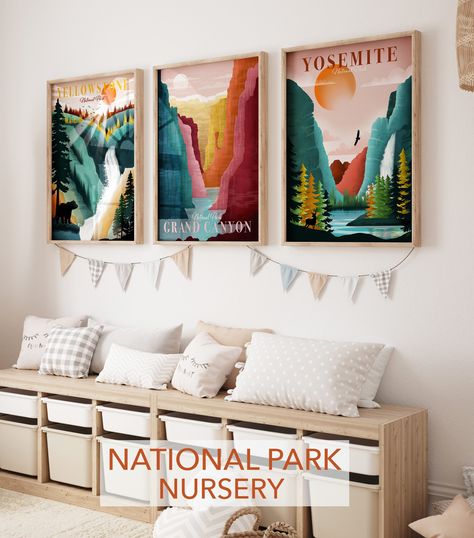 National Park Poster, Set of 3 Prints, Statement Wall Art, Travel Posters, Yosemite - Grand Canyon - Yellowstone Plus many more! National Parks Playroom, Adventure Playroom Ideas, Gender Neutral National Park Nursery, National Park Bedroom Decor, National Parks Themed Room, National Park Themed Room, National Park Bedroom, National Parks Nursery, National Park Themed Nursery