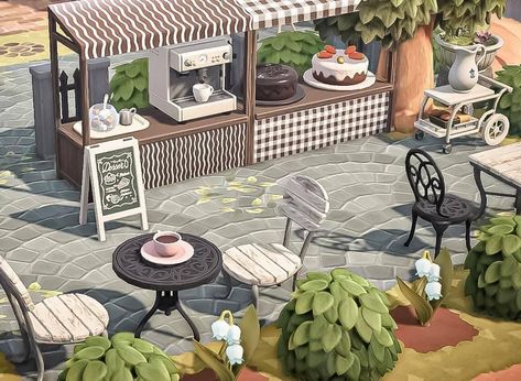 Acnh Riverwalk Ideas, Acnh Outside Cafe Ideas, Outside Cafe Animal Crossing, Shopping Plaza Animal Crossing, Animal Crossing Coffee Shop Design Code, Acnh Shopping Plaza Ideas, Cafe Acnh Ideas, Plaza Ideas Acnh, Plaza Ideas Animal Crossing