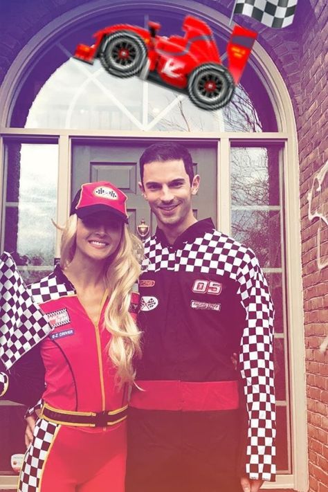 Alexander Rossi and Kelly Mossop in their Halloween costumes F1 Halloween Costume Couple, Race Car Driver Costume Couple, Racing Halloween Costumes Couple, Racecar Couples Costume, Race Car Couple Costumes, Halloween Race Car Girl, Alexander Rossi, Race Car Driver Costume, Couple Halloween Costume