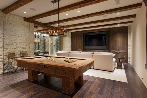 French Country Pool, Farmhouse Game Room, Basement Rec Room Ideas, Rec Room Ideas, Basement Workout Room, Country House Living Room, Basement Rec Room, Underground Living, Chandelier Industrial