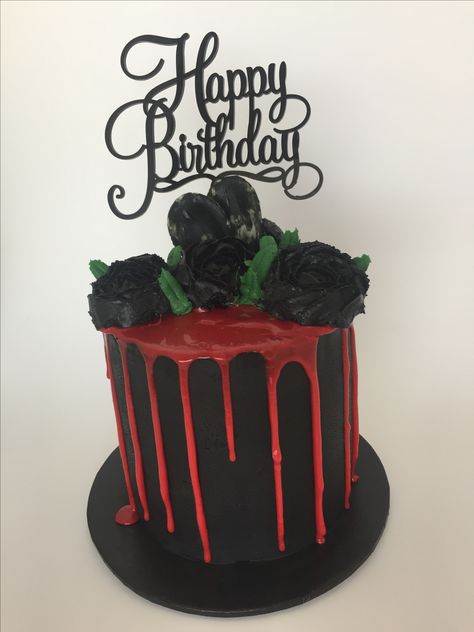 Black Rose Cake Black Buttercream with Red Chocolate Drip Black Buttercream Roses Black Cake With Red Drip, Black Roses Cake, Black Rose Cake, Kue Birthday, Black And Red Cake, Red And Black Cake, Dark Cakes, Vampire Birthday, Gothic Birthday Cakes