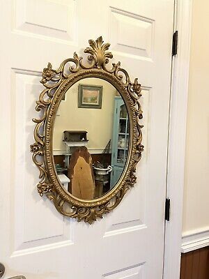 Vtg Gold Ornate Oval Wall Mirror French Country Farmhouse Flowers  | eBay Vintage Brass Wall Mirror, Antique Round Mirror, Round Antique Mirror, Mirror Gallery Wall Ideas, Gold Mirror Living Room, Green Coquette, Gold Frame Mirror, Entrance Mirror, Farmhouse Flowers