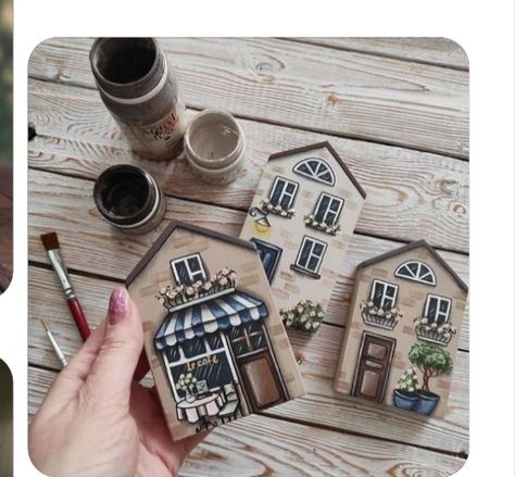 Scrap Wood Crafts, Small Wooden House, Wood Block Crafts, Pottery Houses, Wood Art Projects, Block Craft, Wooden Projects, House Art, Row House