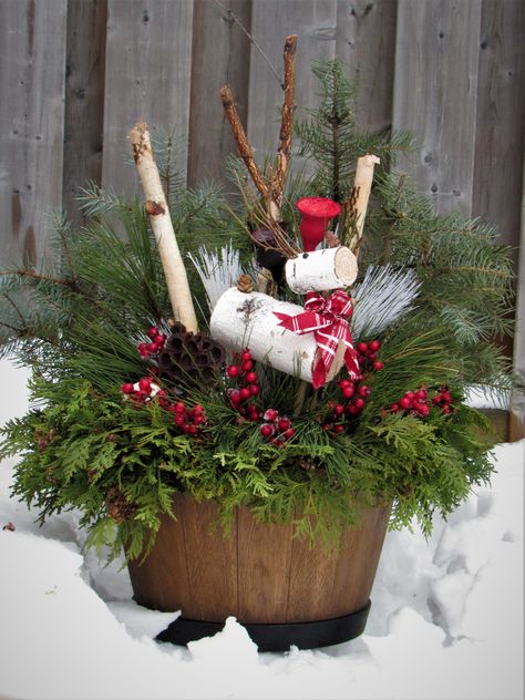 Winter Barrel Planter Ideas, Whiskey Barrel Winter Decor, Winter Whiskey Barrel Planter, Whiskey Barrel Christmas Decor, Christmas Planters Diy, Holiday Planters, Wine Barrel Decor, Wine Barrel Planter, Christmas Outdoors