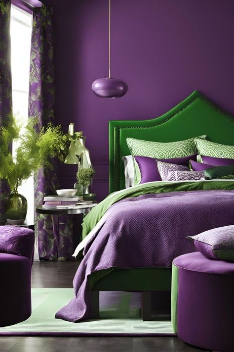 Modern Purple Bedroom, Purple And Green Bedroom, Green Bedroom Decor Ideas, Bedroom Interior Colour, Purple Bedroom Ideas, Emerald Green Bedrooms, Purple Interior Design, Lilac Bedroom, Green Bedroom Decor