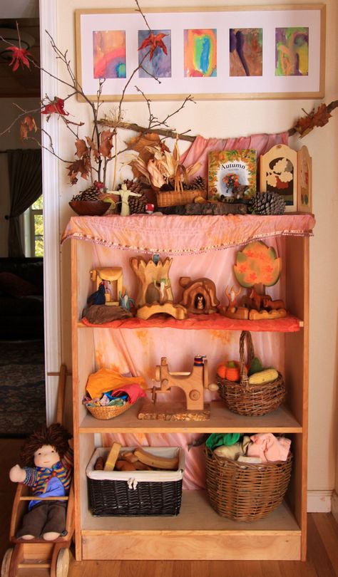 All sizes | Nature Shelves | Flickr - Photo Sharing! Waldorf Steiner Playroom, Waldorf Toy Storage, Nature Corner Preschool, Waldorf Toy Shelf, Waldorf Bookshelf, Season Table Waldorf, Steiner Playroom, Autumn Bookshelf, Waldorf Activities