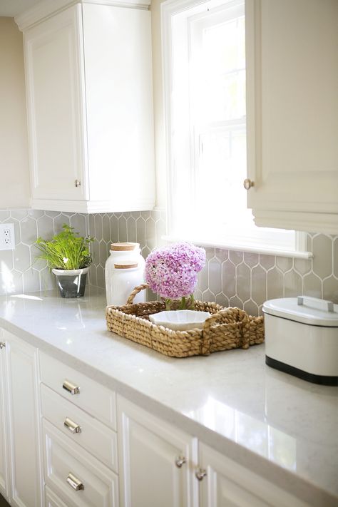 White and Gray Kitchen || Studio McGee Silestone Countertops, Herb Plants, Серая Кухня, Herringbone Backsplash, Gray Kitchen, Studio Kitchen, Bright Kitchens, Studio Mcgee, Grey Kitchen