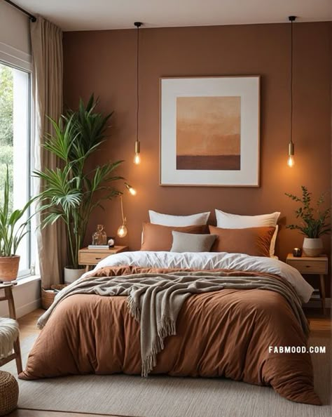 terracotta bedroom, earthy bedroom design, warm earthy bedroom Rust Bedspread Bedroom, Matte Bedroom Paint Wall Colors, Earthy Paint Colors For Bedroom, Guest Bedroom Ideas Terracotta, Copper Bedroom Walls, Sienna Bedroom Ideas, Terracotta Theme Bedroom, Desert Color Bedroom, Mushroom Bedroom Colour