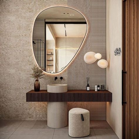 Wabi Sabi Interior Bathroom, Wabi Sabi Toilet, Wabi Sabi Interior Bedrooms, Wabi Sabi Bedroom, Loft Designs, Public Bathroom, Wabi Sabi Interior, Bathroom Mirror Ideas, Bedroom Wall Designs