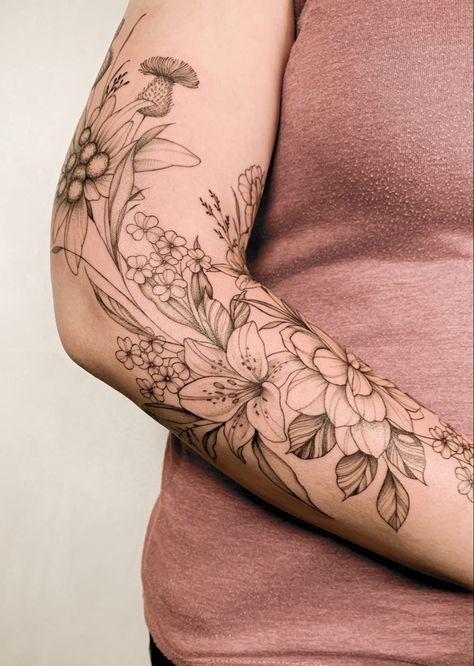 Fine line, tattoo ideas, finelinetattoos, floral tattoo, sleeve, lily tattoo, thistle tattoo Large Fine Line Tattoo Ideas, Half Sleeve Fine Line Tattoo, Fine Line Flower Tattoo Half Sleeve, Filler Floral Tattoo, Fine Line Floral Sleeve Tattoo Women, Fine Line Flower Sleeve Tattoo Women, Fine Line Nature Tattoo Sleeve, Feminine Tattoo Sleeves Fine Line, Floral Sleeve Fine Line