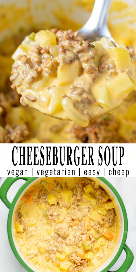 Vegan Budget Recipes, Vegan Cheeseburger Soup, Vegan Cheeseburger Casserole, Vegetarian And Dairy Free Recipes, Gluten Free Dairy Free Ground Beef, Fall Vegetarian Casserole Recipes, Vegetarian Fall Soups, Vegan Impossible Meat Recipes, Vegan Creamy Soup