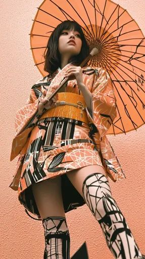 ↑↑↑ Larger size on website 🔸 A young woman in a vibrant orange and black kimono and thigh-high stockings holds a large orange and Black Parasol, Orange Kimono, Hair Falling, Black Kimono, Orange Walls, Thigh High Stockings, Vibrant Orange, Traditional Japanese, Modern Fashion