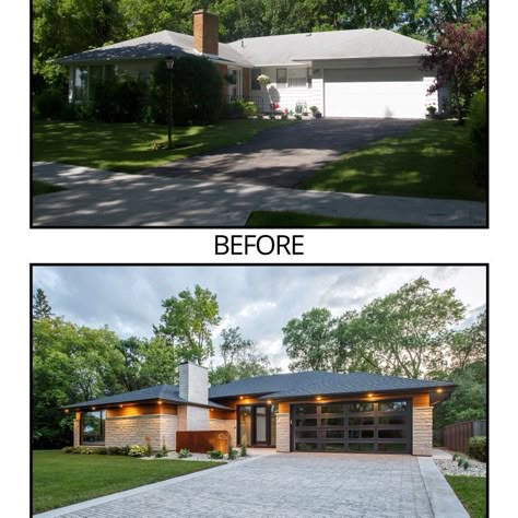 Modern Exterior Renovation, Before And After Exterior Home Makeover, Facade Transformation, Before And After Home, Ranch House Remodel, Exterior House Renovation, Ranch House Exterior, Mid Century Exterior, House Makeovers