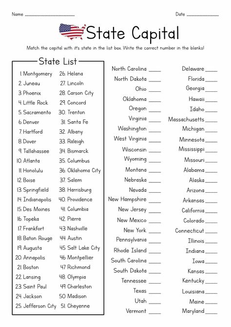 50 States and Capitals Worksheet 8th Grade Worksheets Free Printable, State Worksheets, States Worksheets, Learning States, History Worksheets, Map Worksheets, States And Capitals, Homeschool Worksheets, Homeschool Geography