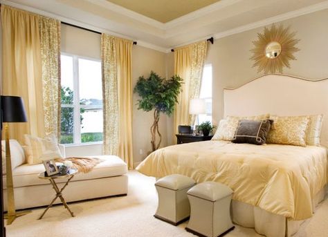 Gentle yellow hues blend in the lavishness of gold with softness of cream! Cream Bedroom Decor, Feng Shui Bedroom Colors, Cream Bedrooms, Fancy Bedroom, Glamourous Bedroom, Transitional Bedroom, Gold Bedroom, Yellow Bedroom, Woman Bedroom