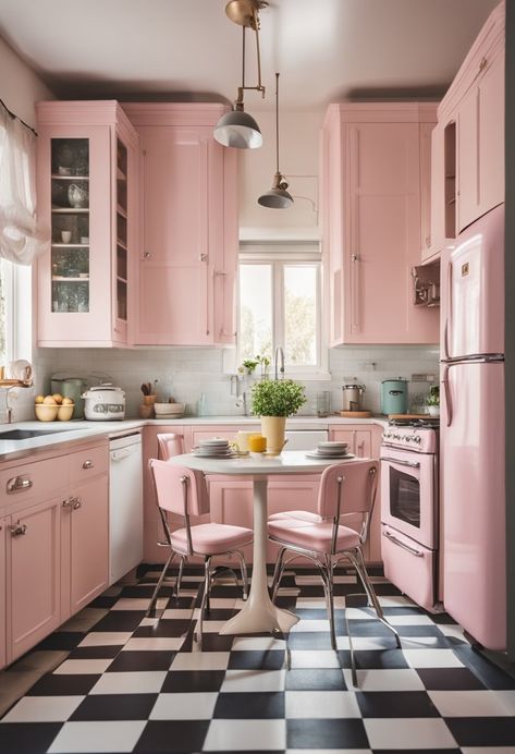 Retro Pink Kitchen Ideas for a Nostalgic Touch - Kitchen Informant Black White And Pink Kitchen, Pink Cottage Kitchen, Dapur Pink, Kitchen Design Ideas 2023, Pink Kitchen Utensils, Open Kitchen Cabinet, Pink Retro Kitchen, Pink Kitchen Cabinets, Pink Kitchen Ideas