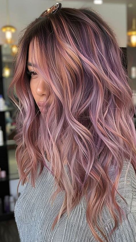 Lavender And Rose Gold Hair, Balayage Hair With Purple, Rose Gold Purple Hair, Light Brown Hair With Vivid Color, Brunette Lavender Hair, Lavender Brunette Hair, Purple And Rose Gold Hair, Blonde Purple Balayage, Warm Purple Hair