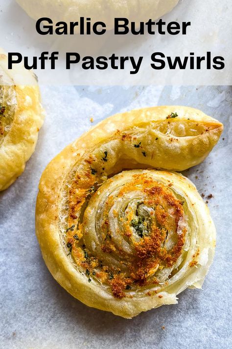 Garlic butter puff pastry swirl on a sheet pan. Garlic Puff Pastry Recipes, Puff Pastry Garlic Knots, Garlic Bread Puff Pastry, Garlic Cheese Puff Pastry, Garlic Puff Pastry, Puff Pastry Garlic Twists, Butter Puff Pastry Recipes, Puff Pastry Garlic Bread, Garlic Pinwheels