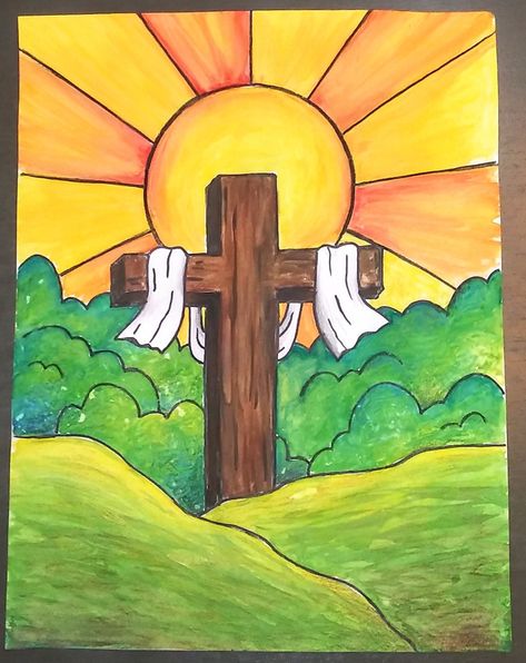 3 Crosses On A Hill Painting, Easter Cross Drawing, Easter Art Drawing, Jesus On The Cross Art For Kids, Easter Cross Paintings On Canvas, Christian Easter Drawings, Easter Paintings On Canvas Jesus, Easter Art Christian, Easter Easy Drawing