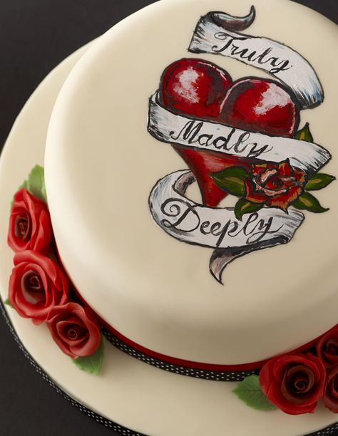 Love Tattoo Cake - how to                                                                                                                                                     More Tattoo Cake Ideas, Tattoo Cake, Charm City Cakes, Artist Cake, Cake Decorating With Fondant, Bird Cakes, Love Tattoo, Valentines Day Cakes, Valentine Cake