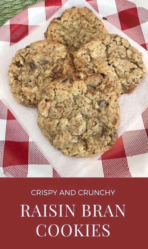 Raisin Bran Cookies, Bran Cookies Recipe, Bran Cookies, Raisin Bran Cereal, Raisin Bran Muffins, Skillet Cookies, Crunchy Chocolate Chip Cookies, Raisin Bran, Bran Muffin Recipes