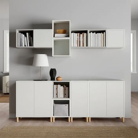 EKET Storage combination with legs, white/light gray, 825/8x133/4x825/8" - IKEA Eket Combination, Movable Shelves, Ikea Eket, Ikea Furniture Hacks, Wall Mounted Cabinet, Ikea Storage, White Stain, Furniture Hacks, Ikea Furniture