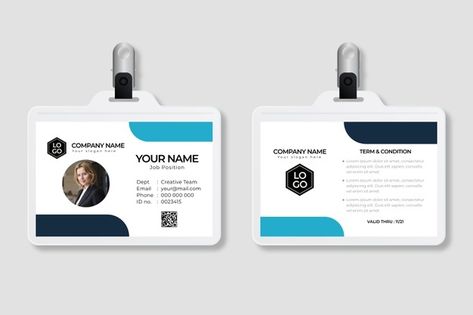 Minimal id cards template with image | Free Vector #Freepik #freevector #business #card #template #office Id Card Design, Blue Company, Name Tag Design, Blue Business Card, Badge Template, Id Card Template, White Business Card, Digital Business Card, Business Card Branding