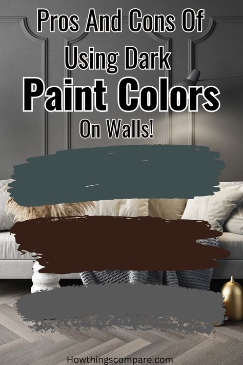 Using Dark Colors On Walls: Pros And Cons Explained Your favorite color can be found in many different shades and intensities. If you love dark colors, be aware that adding it to the walls can be a big commitment. It may take several coats to get it covered. However, if you love it, it will be worth it! Two Dark Walls Living Room, Dark Paint Ideas Wall Colors, Dark Painted Paneling Walls, Dark Chocolate Walls, Black Furniture Wall Color Ideas, Dark Auburn Paint Color, Dark Painted Rooms Interiors, Iron Ore Living Room Accent Wall, Painting With Dark Colors