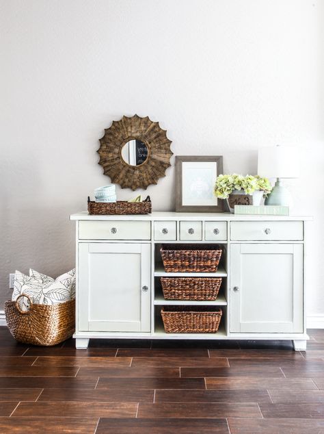 The hubby and I searched high and low for a white buffet for our living/dining area for what seemed like forever. And when we finally found what we were looking for it was over 2,000 bones, pffft. … Ikea Buffet, Sideboard Upcycle, Buffet Makeover, White Buffet, Vibeke Design, Farmhouse Sideboard, Ikea Kids, Ikea Furniture Hacks, Decor Ikea