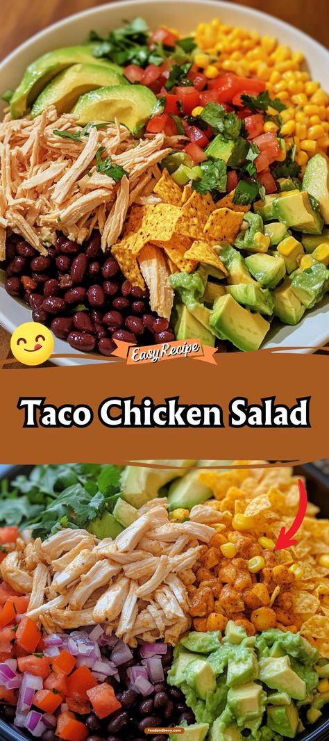 Spice up your mealtime with Taco Chicken Salad, a zesty blend of seasoned chicken, black beans, corn, and diced tomatoes atop a bed of crisp lettuce. Topped with crunchy tortilla strips and a dollop of sour cream, this salad is a festive and filling choice that brings the flavors of a taco night into a healthier dish. #TacoChickenSalad #MexicanFlavors #HealthyDinner Healthy Chicken Taco Salad, Salad Recipes With Chicken, Chicken Taco Salad Recipe, Chicken Black Beans, Healthy Chicken Tacos, Taco Chicken, Chicken Taco Salad, Chicken Salad Ingredients, Black Beans Corn