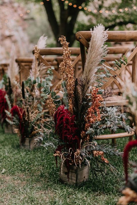 Floral Aisle, Flower Crown Bar, Fall Wedding Color Schemes, Aisle Markers, Fall Wedding Colors, Wedding Aisle, Junebug Weddings, Pampas Grass, Colorado Wedding