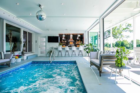 Sunroom Swimming Pool, Swimming Pool Designs Inside House, Indoor Pool With Bar, In Door Pool Ideas, Indoor Cocktail Pool, Gym And Pool Design, Indoor Swim Spa Room, Indoor Pool And Hot Tub, Small Enclosed Pool Ideas