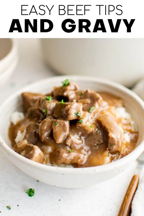 This Beef Tips and Gravy Recipe is made with tender pieces of beef that have been simmered in a rich and flavorful gravy made from beef broth, garlic, and various seasonings. Super easy to make, serve this hearty and comforting dish over rice, noodles, or mashed potatoes.