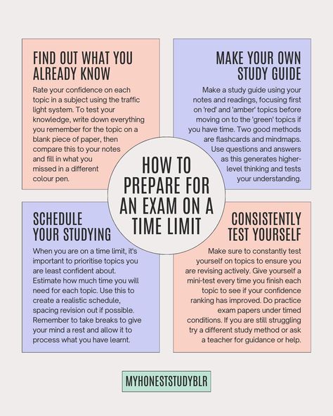 💪⏰ HOW TO PREPARE FOR AN EXAM ON A TIME LIMIT 💪⏰ • QOTD: do you have any exams coming up? • 💾 𝙎𝙖𝙫𝙚 𝙖𝙣𝙙 𝙨𝙝𝙖𝙧𝙚 𝙩𝙝𝙞𝙨 𝙥𝙤𝙨𝙩 𝙛𝙤𝙧 𝙧𝙚𝙛𝙚𝙧𝙚𝙣𝙘𝙚 𝙖𝙣𝙙 𝙩𝙤 𝙝𝙚𝙡𝙥 𝙚𝙣𝙜𝙖𝙜𝙚𝙢𝙚𝙣𝙩! (𝙖𝙣𝙙 𝙛𝙤𝙡𝙡𝙤𝙬 @myhoneststudyblr 𝙛𝙤𝙧 𝙢𝙤𝙧𝙚!) • ⬅️ 𝙨𝙬𝙞𝙥𝙚 𝙩𝙤 𝙨𝙚𝙚 𝙢𝙮 𝙩𝙞𝙥𝙨 • My final exam is next week and so it’s been lots of revision study sessions! I know lots of other people are also going into exam season as well so I thought in this post I would share my four steps for being able to fully prepare for your upcoming exams in the most eff... Test Notes For Students, How To Prepare For Finals, How To Prepare For Exams, Passing Exams Aesthetic, How To Revise Effectively, Step Exam, Uni Hacks, Final Exam Study Tips, Graduate School Prep