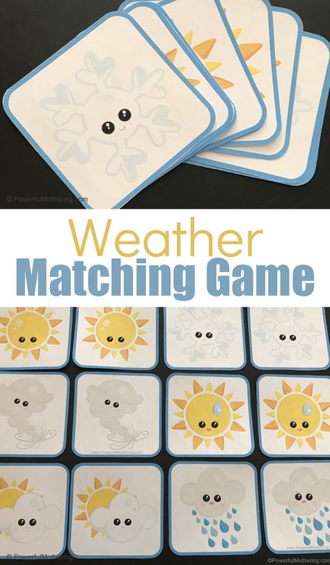 Weather matching Game. A traditional matching game with fun weather pictures! #weather #matchinggame #freeprintable #preschool Weather Activities For Two Year Olds, Weather Sorting Preschool, Preschool Weather Math Activities, Weather Changing Activities Preschool, Weather Theme Crafts Preschool, Rainy Weather Activities Preschool, Weather And Season Activities Preschool, Four Seasons Theme Preschool, Sky And Weather Activities For Toddlers