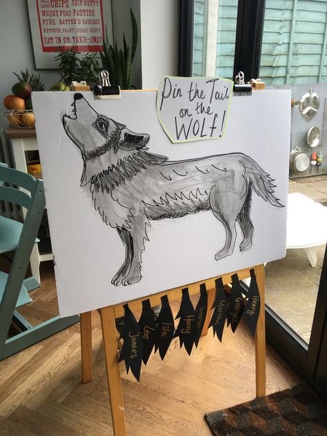 Pin the tail on the wolf Adopt A Wolf Pup Party, Husky Birthday Party Ideas, Wolf Party Favors, Wolf Birthday Party Decorations, Wolf Theme Birthday Party, Wolf Food Ideas, Wolf Classroom Theme, Wolf Party Food, Wolf First Birthday