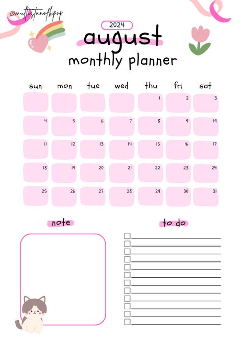 Cute Calander Designs, Planner Front Page, Cute Calender Design 2023 Printable, Anime Planner, Monthly Planner August 2024, Cute Calendar 2022, Planners 2024, Kawaii Monthly Planner Template, April Calendar 2024 Bullet Journal