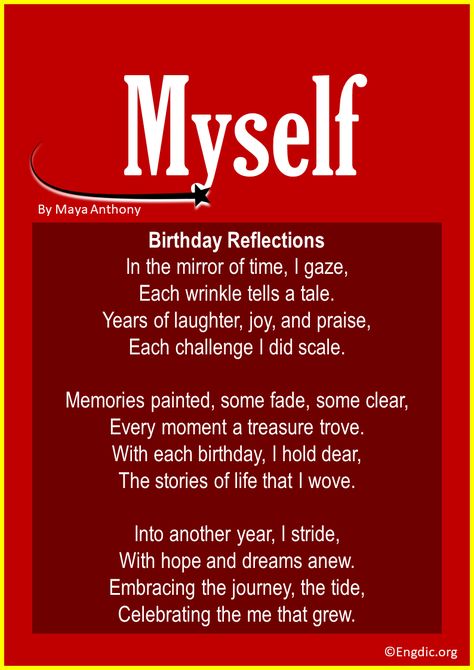 Celebrating another year of life and laughter? Dive into these 15 short and funny birthday poems tailored just for me, myself, and I. Embrace the joy of self-love, and have a chuckle as you commemorate your special day! Short Birthday Poems for Myself 1. Birthday Reflections This poem focuses on the mirror of time, reflecting on the growth and changes one experiences each year. In the mirror of time, I gaze, Each wrinkle tells a tale. Years of laughter, joy, and praise, Each challenge I di... Birthday Wishes Self Love, Birthday Poems For Myself, Celebrating You Quotes Birthday, Birthday Words For Myself, Birthday Wish For Myself, Birthday Message For Myself, Short Birthday Poems, Short Funny Poems, Funny Birthday Poems