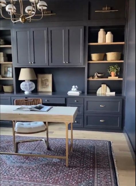 Dark Blue Office Cabinets, Small Office Remodel, Small Office Built Ins, Blue Home Office, Blue Home Offices, House Renos, Office Diy, Basement Office, Office Built Ins