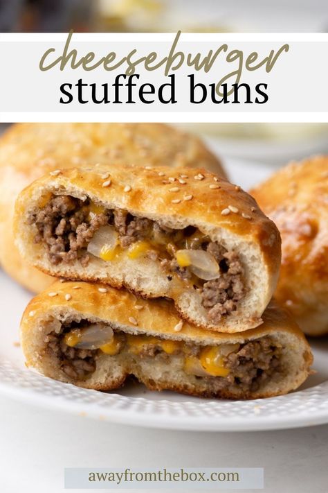 #ad These super yummy cheeseburger stuffed buns are packed with beef, cheese, onions and wrapped in golden brown pizza dough. They're easy to prepare and fun to eat while watching the game! #Safeway Hamburger Stuffed Buns, Klobasnek Recipe, Sausage Kolache, Stuffed Buns, Kolache Recipe, Pizza Buns, Baked Appetizers, Deli Counter, Camp Food