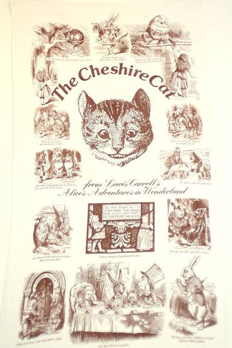 Vintage Vtg CHESIRE CAT Tea Towel ALICE in Wonderland Steampunk Alice In Wonderland, Alice Rabbit, Cat Tea Towel, Tweedle Dum, Eat Me Drink Me, Tweedle Dee, Vintage Tea Towels, Novelty Fabric, Fabric Prints