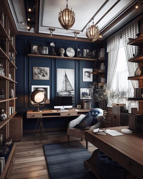 Study Room Ideas For Men, Nautical Academia, School Foyer, Home Office Desk Ideas, Office Desk Ideas, Blue Home Offices, Spatial Planning, Office Ideas Home, Home Library Rooms