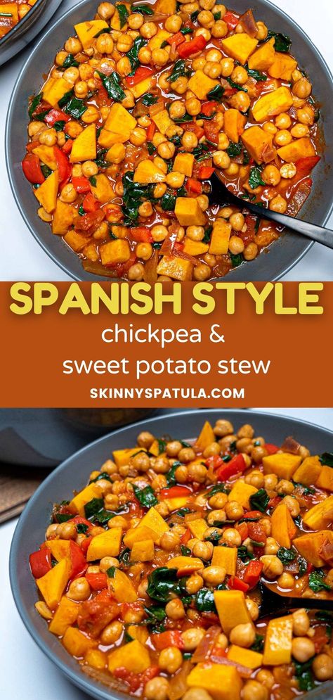 A grey bowl of chickpea and sweet potato stew with a black spoon in it Chickpea Sweet Potato Stew, Chickpea Sweet Potato Recipes, Hearty Vegan Stew, Sweet Potato And Beans Recipes, Sweet Potato Garbanzo Beans, Chickpea And Potato Recipes, Spanish Chickpea Stew, Sweet Potato Bean Soup, Sweet Potato Stew Recipes