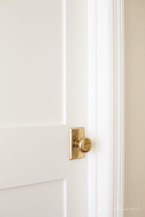 Add charm to your home by replacing hollow core doors with paneled doors. Hardware by Emtek. Interior Door Hardware, Painted Interior Doors, Paneled Doors, Interior Door Knobs, Julie Blanner, Hollow Core Doors, Wrought Iron Decor, Door Handles Interior, Doors And Hardware