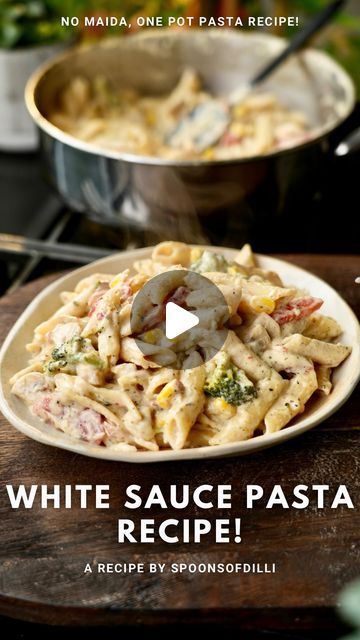 Spoons of Dilli on Instagram: "•NO MAIDA ONE POT WHITE SAUCE PASTA RECIPE•😍
Wondering how to make cafe style White Sauce Pasta at your home following the easiest process? Here’s how you can make one pot white sauce pasta that too without using maida! Tastes HEAVENLY🙌🤤

Ingredients used are-
In a kadhai or pan-
Oil- 1 Tbsp
Butter- 2 Tbsp
Garlic- 1 Tbsp
Vegetables of your choice! 
We have used- Mushrooms, carrot, broccoli and sweet corns

Raw pasta- 1 Cup
Milk and water in 2:1 ratio. This means 2 cup milk and 1 cup water! Adjust the quantity accordingly!

Black pepper powder- 1 Tsp
Pizza seasoning and chilli flakes- 1 Tbsp each
Fresh cream- 2 Tbsp

Cover and cook for 12-15 mins on low- medium flame! 

Cheese slices- 2-3 

#pasta #pastapasta #whitesaucepasta #whitesauce #pastarecipe #easyr How To Make Pasta At Home, Simple White Sauce Pasta, White Sauce Pasta Recipes Videos, White Pasta Recipes, Pasta Recipes Without Cheese, White Sauce Pasta Without Cheese, Vegan White Pasta Sauce, Vegan White Sauce Pasta, White Sauce Pasta Recipes