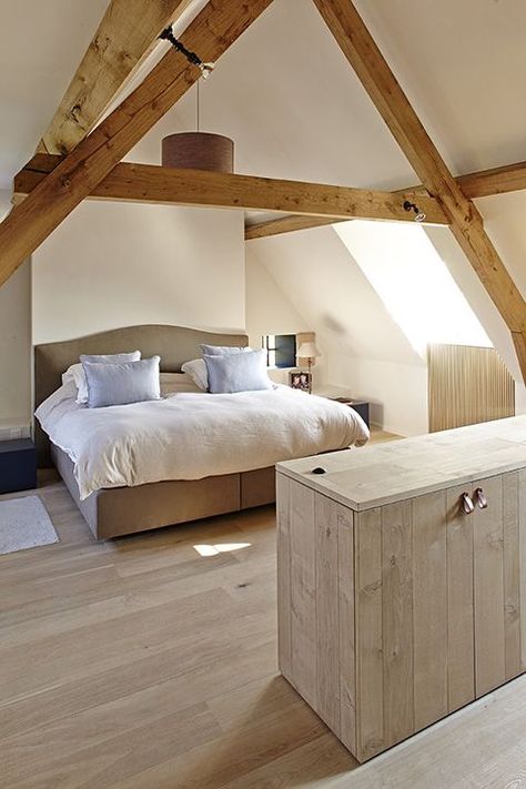 Beamed Bedroom, Loft Conversion Bedroom, Attic Bedroom Designs, Barn Renovation, Rural Living, Attic Bedrooms, Sleeping Room, House Bedrooms, Attic Spaces